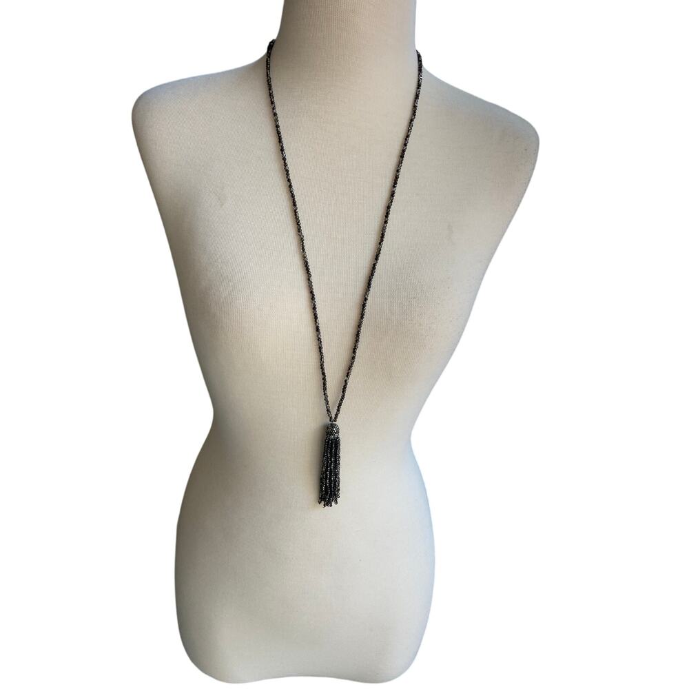 ❌❌ SOLD ❌❌ Long Black Iridescent Bead Necklace with Tassel